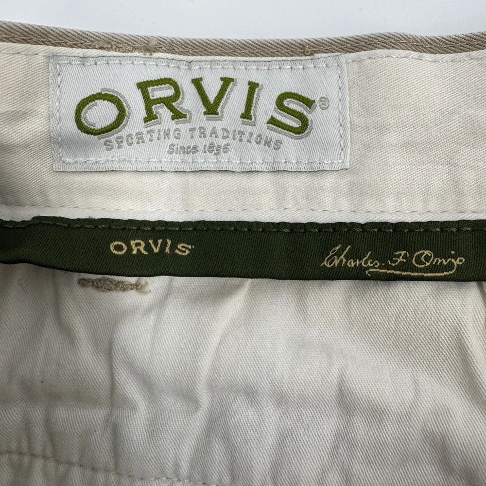 Orvis Pleated Chinos Mens 42 Khaki Tan Cotton Twill Straight Leg Cuffed Pants